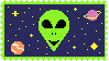 Stamp of a classic green alien, on a background of night sky with planets and starts.