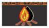 Stamp with 'Archetrope' on top in orange text. Depicting the archetrope symbol as a campfire casting a dark shadow, with wood as kindling, on a charcoal background.