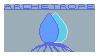 Stamp with 'Archetrope' on top in blue text. Depicting the archetrope symbol as two water droplets, the source of many descending rivulents, on a grey-blue background.