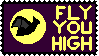 A stamp featuring a flying bat and the words 'Fly You High'. The background is dark purple and the border is black.