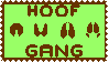 A Stamp reading 'Hoof Gang' in brown, with a row resembling horse, goat, deer and pig/boar hoofprints. The background is green and the border brown.