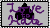 A stamp featuring a black spade symbol with purple cursive reading 'Love to Hate'. The background is grey and the border purple.