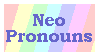 Stamp with the word 'Neopronouns' in blue text on a pastel rainbow background.