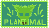 Stamp with light green border, dark green and grassy background, featuring a generic canine-like animal head made of plants, with the word 'Plantimal'.