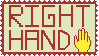 A stamp with the words 'Right Hand' in red text on a yellowish background. There is a yellow hand in one corner. The border is red.