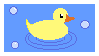 Stamp of a yellow rubber duck on a background of blue water with bubbles.